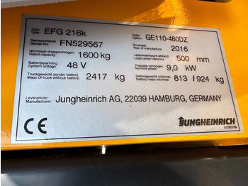 Електрокар Jungheinrich EFG 216K 1.6 ton Triplex Freelift Sideshift Elektra Heftruck Accu 2020: снимка 4