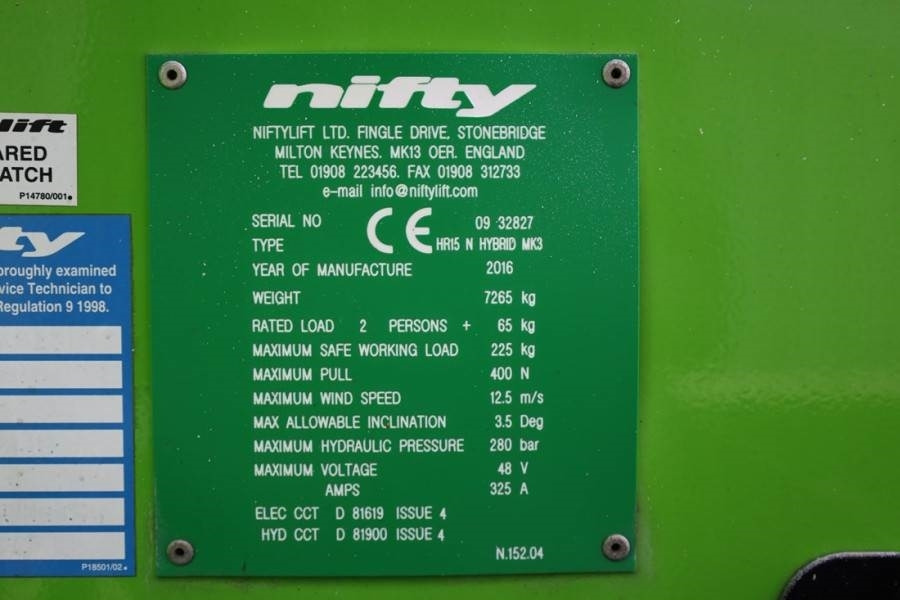Артикулираща платформа Niftylift HR15N Hybrid MK3 Hybrid, 4x2 Drive, 15.5m Working: снимка 6