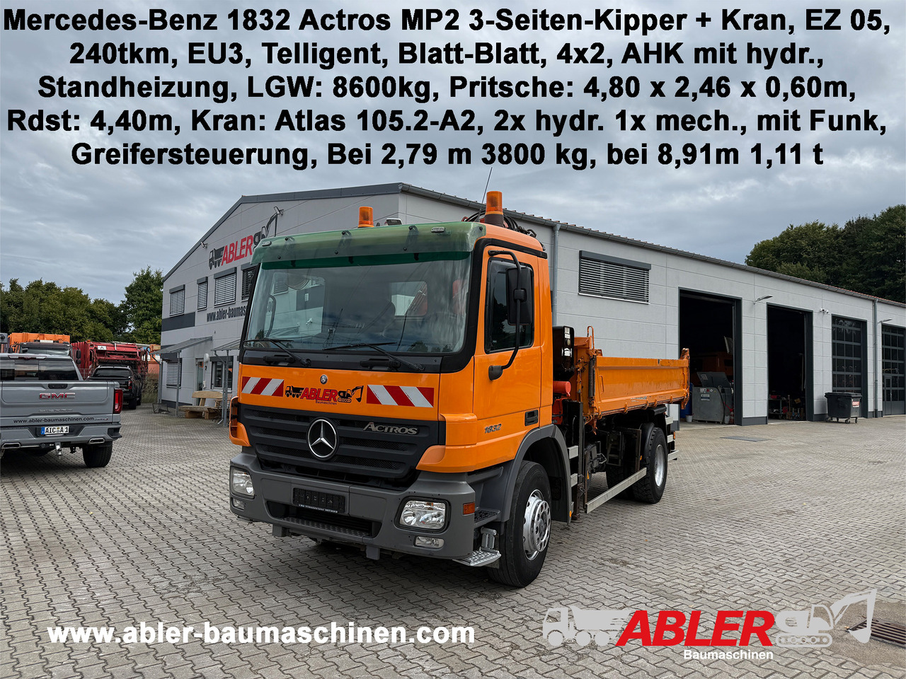 Mercedes-Benz 1832 Actros MP2 3-Seiten-Kipper mit Kran + Funk - Самосвал камион, Камион с кран: снимка 1 Mercedes-Benz 1832 Actros MP2 3-Seiten-Kipper mit Kran + Funk - Самосвал камион, Камион с кран: снимка 1