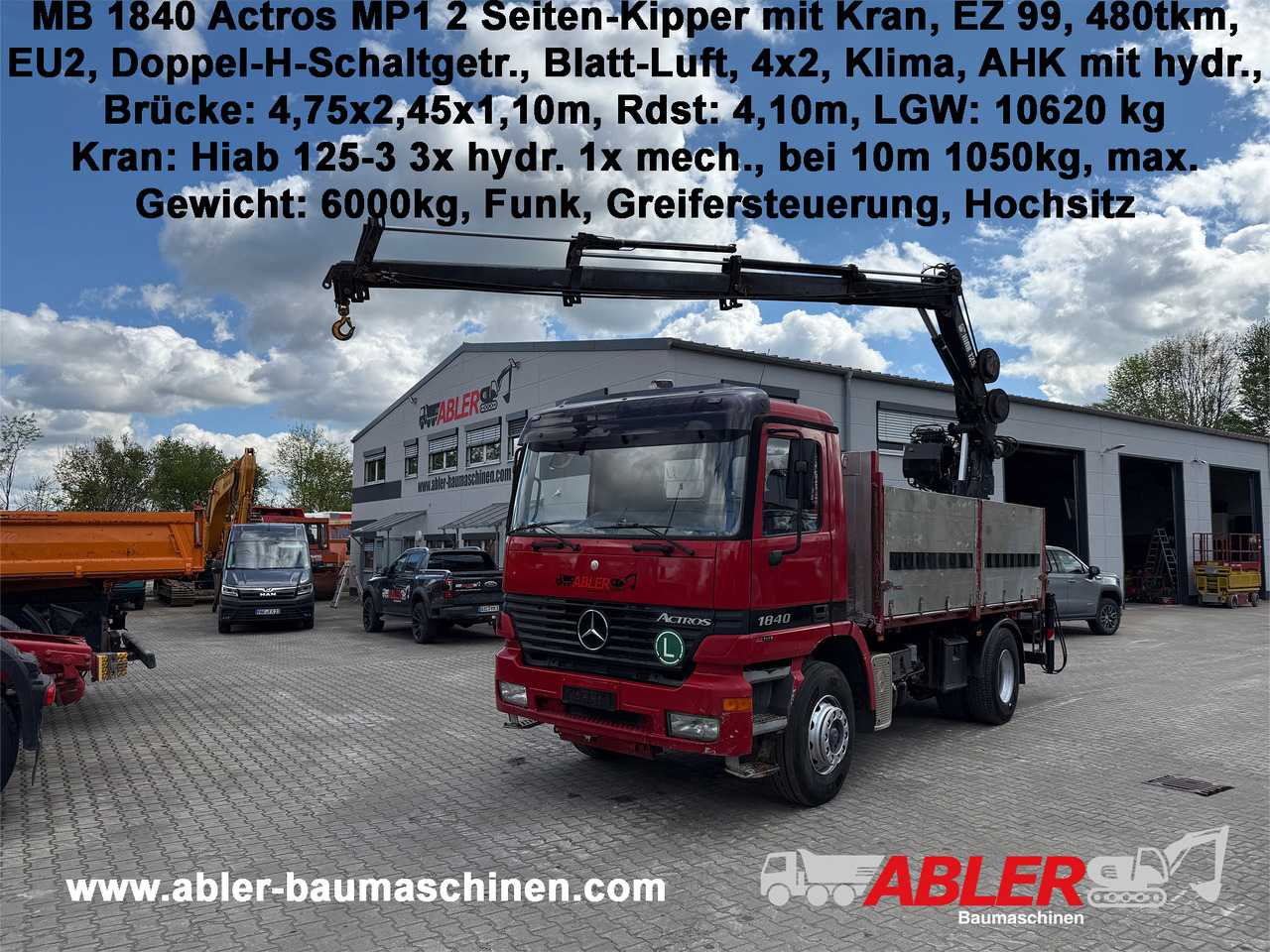 Mercedes-Benz 1840 Actros 2-Seiten-Kipper mit Kran Hiab 125-3 mit Funk - Бордови камион, Камион с кран: снимка 1 Mercedes-Benz 1840 Actros 2-Seiten-Kipper mit Kran Hiab 125-3 mit Funk - Бордови камион, Камион с кран: снимка 1