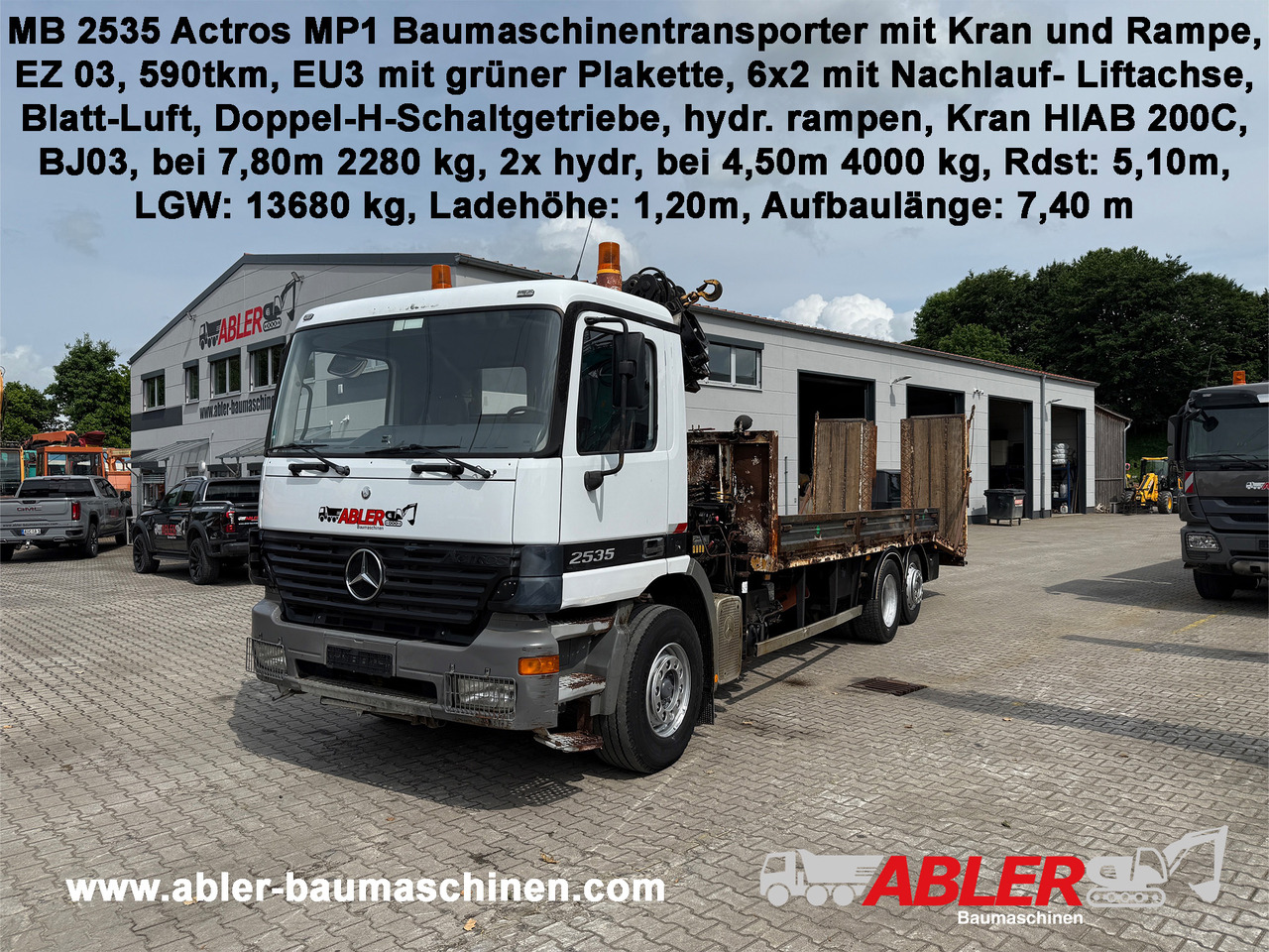 Mercedes-Benz 2535 Actros MP1 Baumaschinentransporter mit Kran und Rampen - Автовоз камион, Камион с кран: снимка 1 Mercedes-Benz 2535 Actros MP1 Baumaschinentransporter mit Kran und Rampen - Автовоз камион, Камион с кран: снимка 1