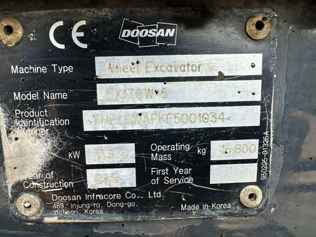 Doosan DX170W - Колесен багер: снимка 5 Doosan DX170W - Колесен багер: снимка 5