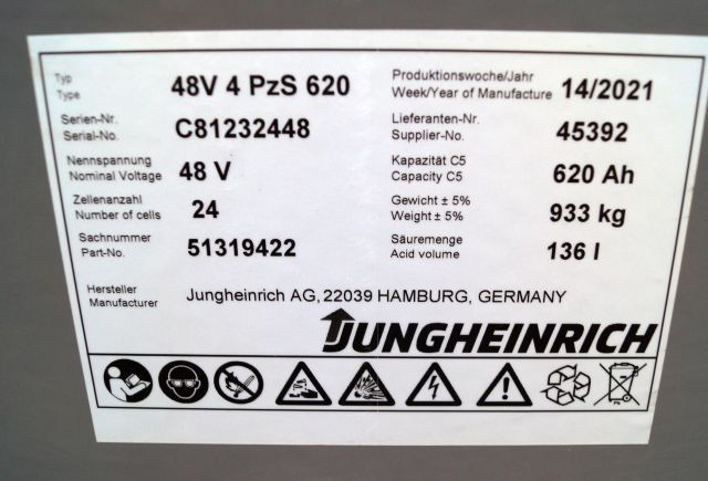 Jungheinrich unknown | Battery 48V620Ah 48 4PZS620 year 4/2021 933 kg dimension Battery 48V620Ah 48 4PZS620 year 4/2021 933 kg dimensions 83,5x52,5x78,5cm sn. C8122448 - Акумулатор за Подемно-транспортна техника: снимка 3 Jungheinrich unknown | Battery 48V620Ah 48 4PZS620 year 4/2021 933 kg dimension Battery 48V620Ah 48 4PZS620 year 4/2021 933 kg dimensions 83,5x52,5x78,5cm sn. C8122448 - Акумулатор за Подемно-транспортна техника: снимка 3