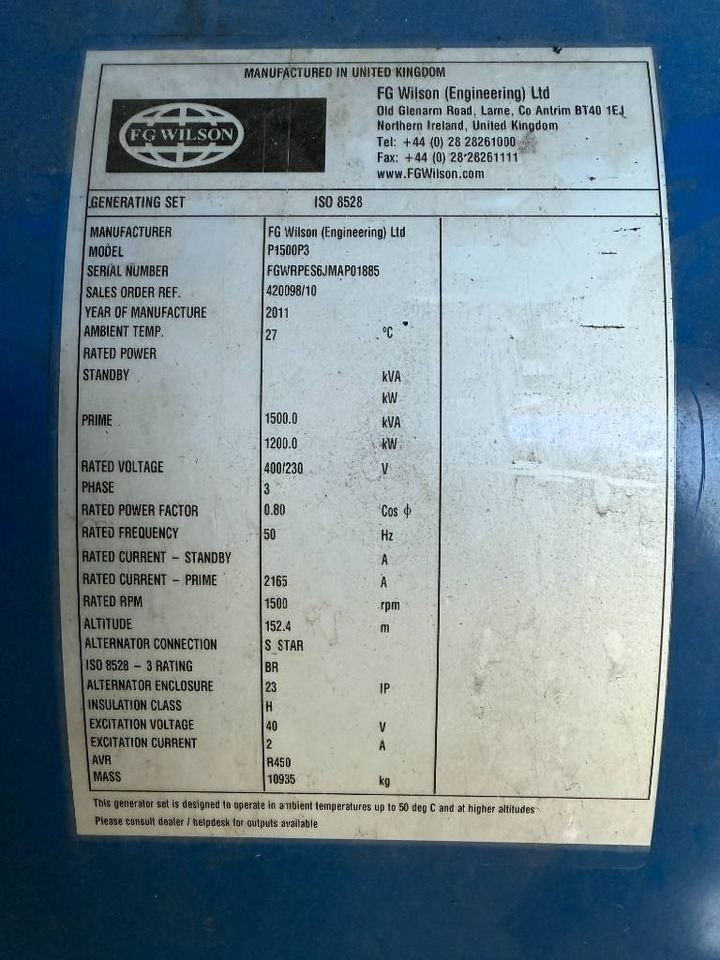 FG Wilson P1500P3 - 1.650 kVA Generator - DPX-12628 - Електрогенератор: снимка 5 FG Wilson P1500P3 - 1.650 kVA Generator - DPX-12628 - Електрогенератор: снимка 5
