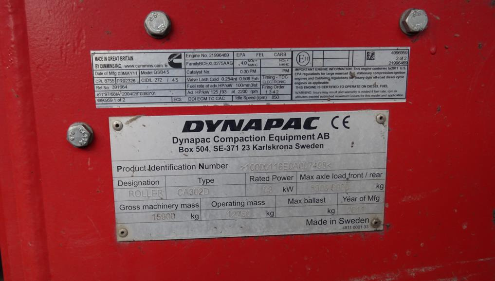 Walec DYNAPAC CA 302D 2011 - 3393 mth - CE - 15,9t - Валяк: снимка 5 Walec DYNAPAC CA 302D 2011 - 3393 mth - CE - 15,9t - Валяк: снимка 5