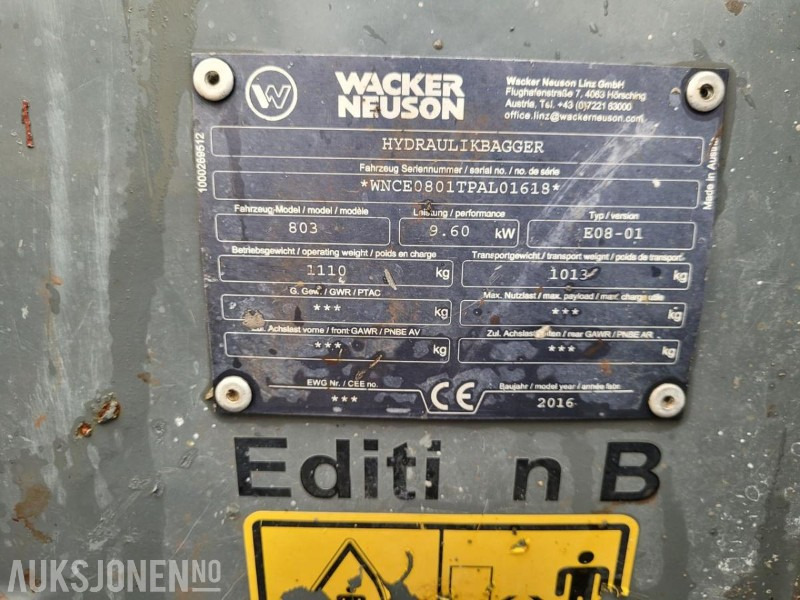 Мини багер 2016 Wacker Neuson 803 Dual Power, 2 skuffer, Elektro-hydraulisk aggregat (HPU): снимка 7