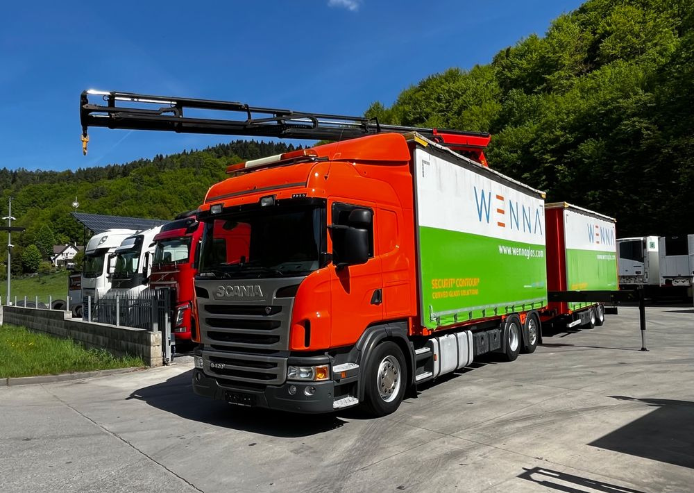 Scania G420 // Tandem // HDS Palfinger 18002 EH // Przyczepa // Oś skrętna podnoszona // Video !!! - Камион с брезент, Eлектрически камион: снимка 1 Scania G420 // Tandem // HDS Palfinger 18002 EH // Przyczepa // Oś skrętna podnoszona // Video !!! - Камион с брезент, Eлектрически камион: снимка 1