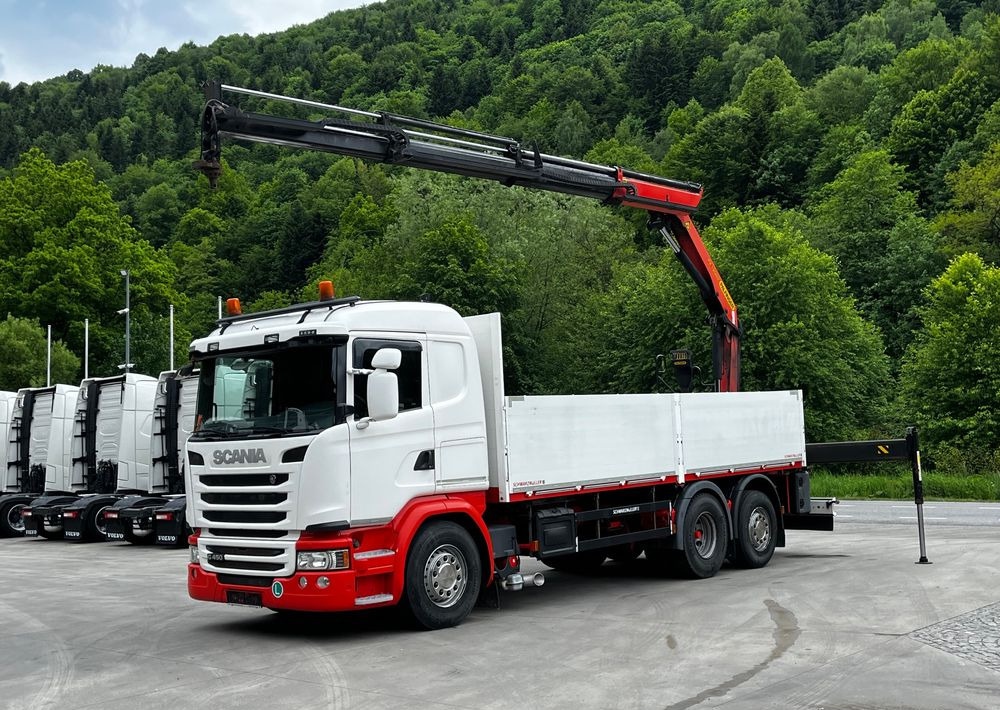 Scania G450 // 6x2// Skrzynia 6.40x2.49 // HDS Palfinger // Oś skrętna podnoszona // - Бордови камион, Камион с кран: снимка 1 Scania G450 // 6x2// Skrzynia 6.40x2.49 // HDS Palfinger // Oś skrętna podnoszona // - Бордови камион, Камион с кран: снимка 1