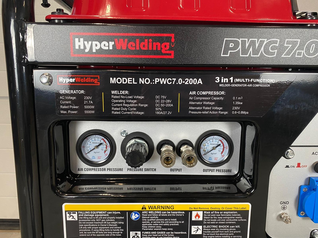 HyperWelding PWC7.0-200A 3 in 1 Multimachine (Generator, Lasapparaat en Luchtcompressor) - Оборудване за гаражи/ Работилници: снимка 2 HyperWelding PWC7.0-200A 3 in 1 Multimachine (Generator, Lasapparaat en Luchtcompressor) - Оборудване за гаражи/ Работилници: снимка 2