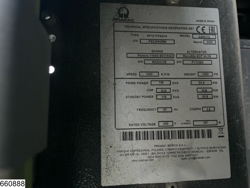 Pramac GSW115 2593 h, 85KW, 106KVA - Електрогенератор: снимка 5 Pramac GSW115 2593 h, 85KW, 106KVA - Електрогенератор: снимка 5