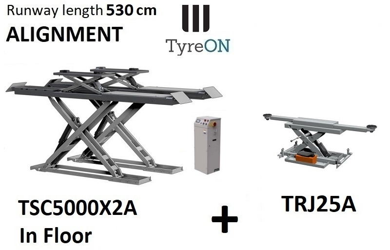 TSC5000X2A in floor alignment scissor lift 5000kg 5300mm + TRJ25A 2,5T air hydraulic axle jack - Оборудване за гаражи/ Работилници: снимка 1 TSC5000X2A in floor alignment scissor lift 5000kg 5300mm + TRJ25A 2,5T air hydraulic axle jack - Оборудване за гаражи/ Работилници: снимка 1