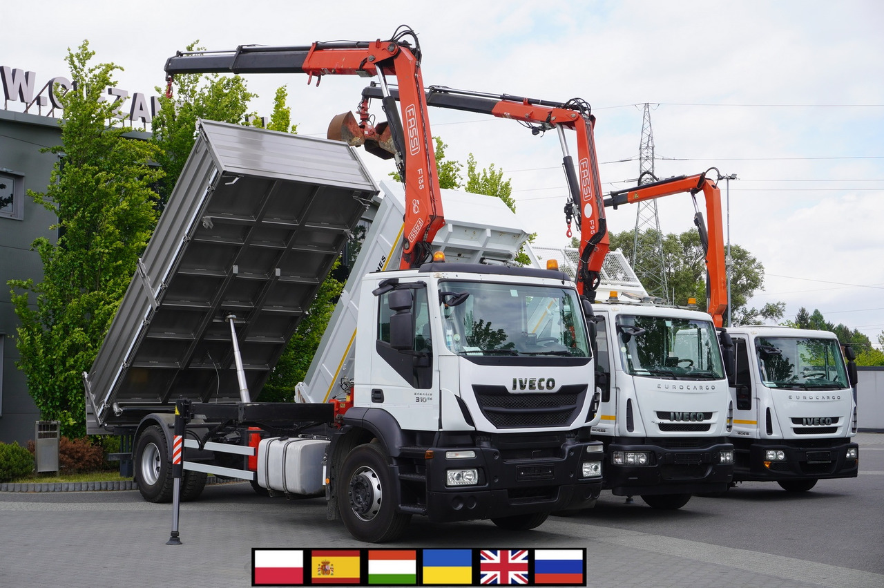 Бордови камион, Камион с кран IVECO Stralis 310 E6 / NEW 3-sided tipper / Fassi F135 crane with remote control: снимка 1