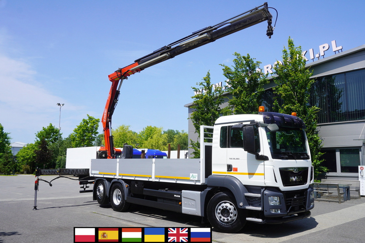 MAN TGS 26.360 Flatbed / Fassi F175 7.7 T / steered 3rd axle - Бордови камион, Камион с кран: снимка 1 MAN TGS 26.360 Flatbed / Fassi F175 7.7 T / steered 3rd axle - Бордови камион, Камион с кран: снимка 1