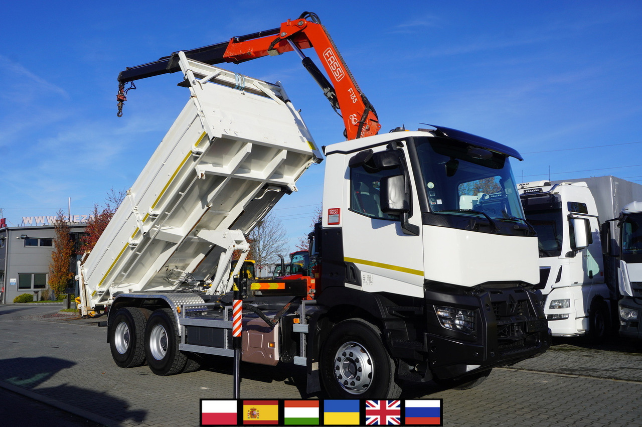RENAULT C380 E6 6×4 / HDS Fassi F135 2700 MTH / Range 8 m / 5.6 t lifting capacity / 3-side tipper / Bortmatic - Самосвал камион, Камион с кран: снимка 1 RENAULT C380 E6 6×4 / HDS Fassi F135 2700 MTH / Range 8 m / 5.6 t lifting capacity / 3-side tipper / Bortmatic - Самосвал камион, Камион с кран: снимка 1