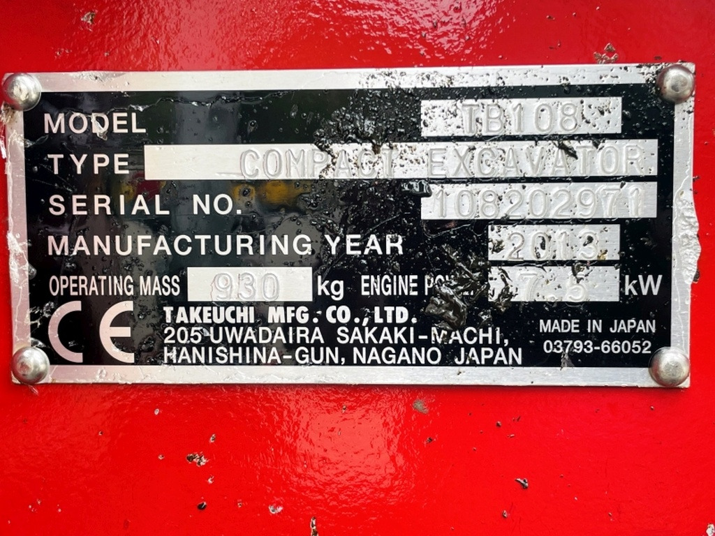 Takeuchi TB108 (3983) - Мини багер: снимка 3 Takeuchi TB108 (3983) - Мини багер: снимка 3