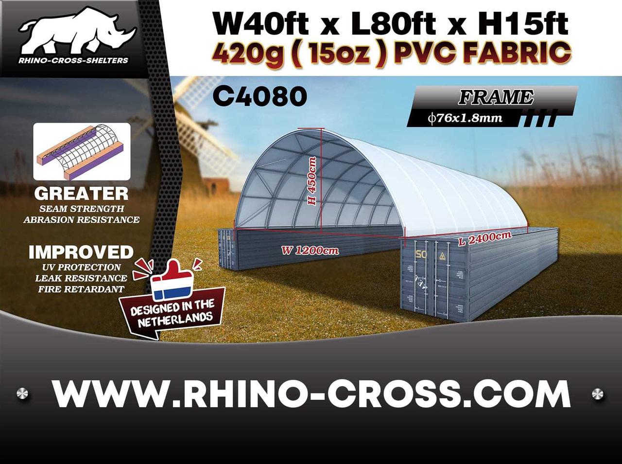 Rhino-Cross-Shelter C4080 - 24x12x4,5 m - Резервоар за съхранение: снимка 3 Rhino-Cross-Shelter C4080 - 24x12x4,5 m - Резервоар за съхранение: снимка 3