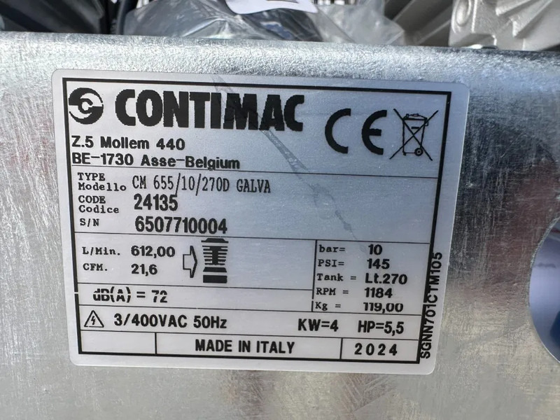 Contimac CM 655 / 10 / 270D Galva 4 kW 650 L / min 10 Bar Zuigercompressor t.b.v Agri Gegalvaniseerd - Компресор за въздух: снимка 4 Contimac CM 655 / 10 / 270D Galva 4 kW 650 L / min 10 Bar Zuigercompressor t.b.v Agri Gegalvaniseerd - Компресор за въздух: снимка 4