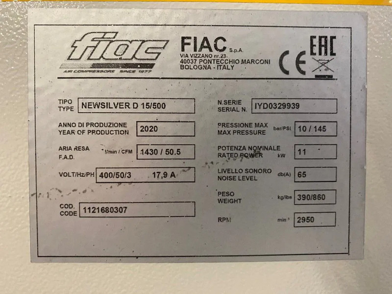 Fiac NewSilver D 15 / 500 NewSilver D 15 / 500 - 1430 L / min 11 kW 10 bar Elektrische Schroefcompressor + Droger - Компресор за въздух: снимка 4 Fiac NewSilver D 15 / 500 NewSilver D 15 / 500 - 1430 L / min 11 kW 10 bar Elektrische Schroefcompressor + Droger - Компресор за въздух: снимка 4