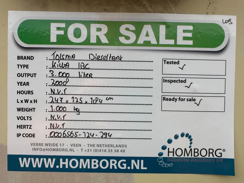 Резервоар за съхранение Tolsma Kiwa IBC 3000 liter Dieseltank Milieutank: снимка 12 Резервоар за съхранение Tolsma Kiwa IBC 3000 liter Dieseltank Milieutank: снимка 12