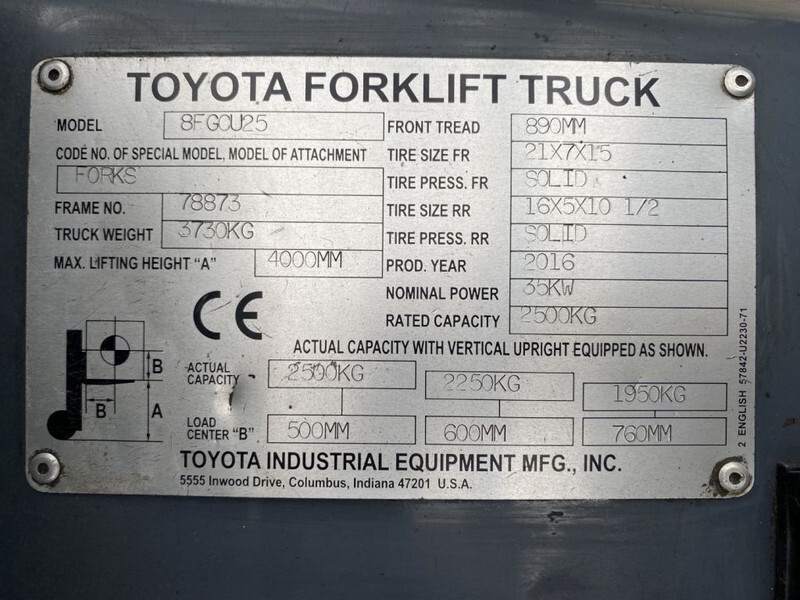 Газокар Toyota 8FGCU25 2.5 ton Duplex Sideshift LPG Heftruck: снимка 9