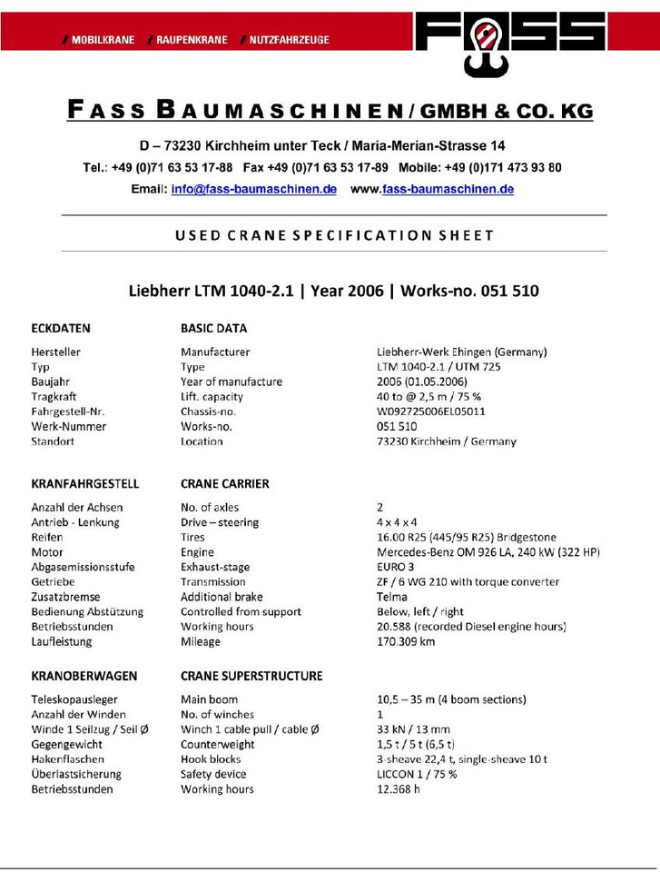 Автокран Liebherr LTM 1040-2.1 (06 - 051 510): снимка 16